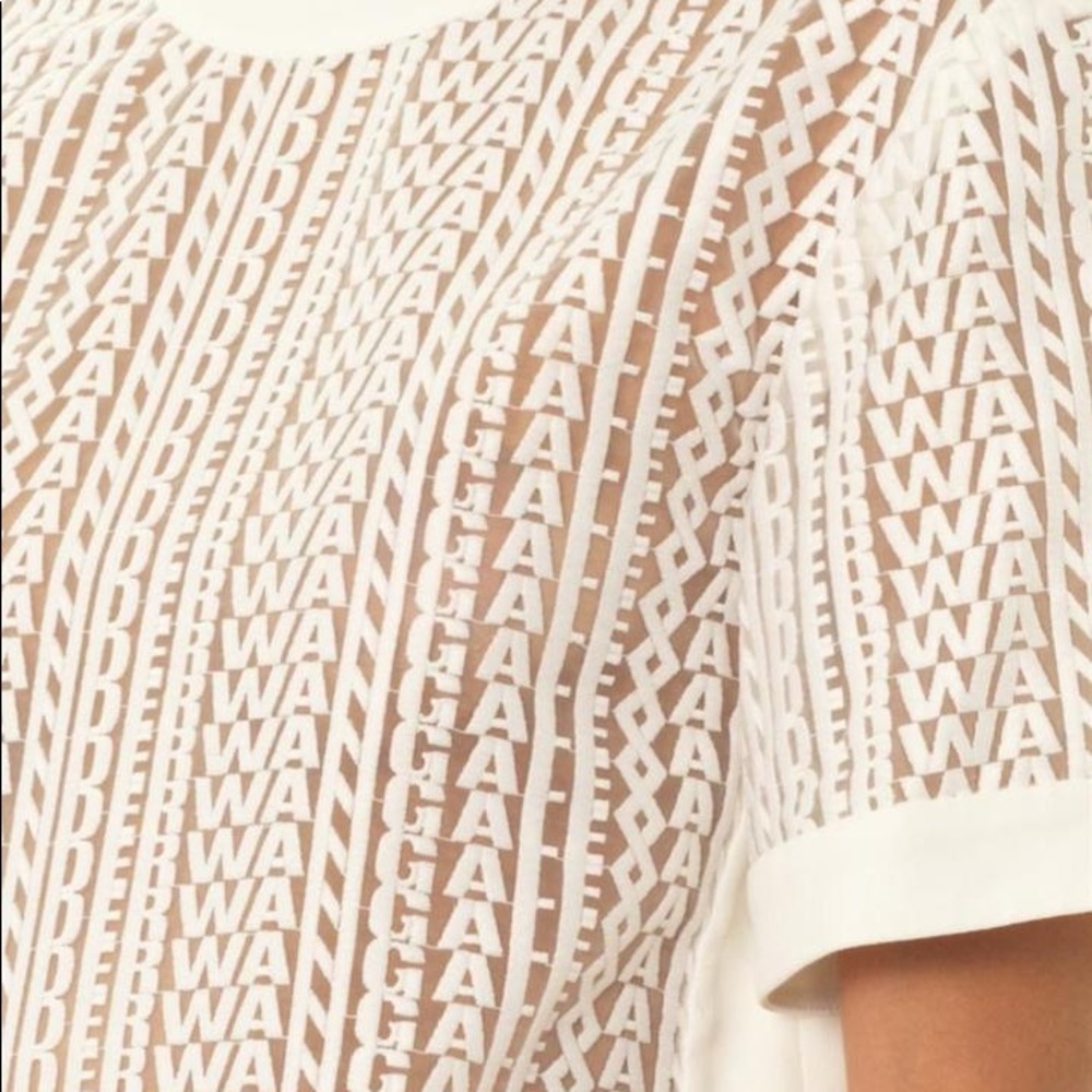 Alexander Wang White Sheer Name Logo Guipure Lace Embroidery Cropped Blouse